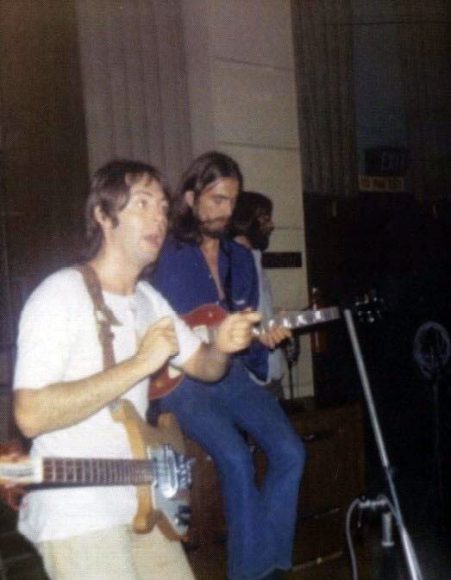 Paul McCartney and George Harrison recording Abbey Road, 1969