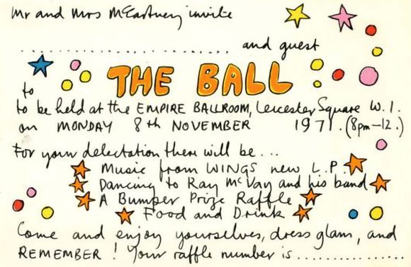 Invitation for Wings' Wild Life launch party, 8 November 1971