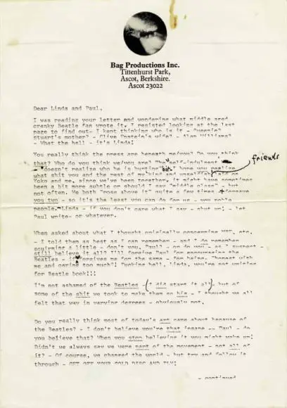 Letter from John Lennon to Paul and Linda McCartney, 1971