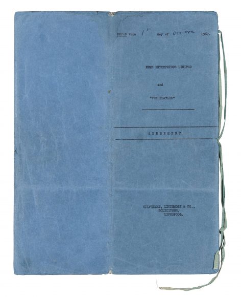 Cover of contract signed by The Beatles and Brian Epstein, 1 October 1962