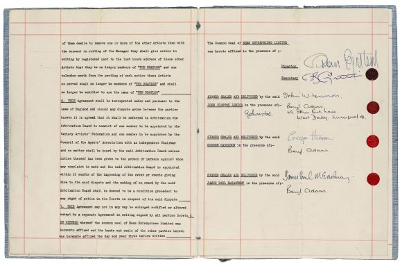 Contract signed by The Beatles and Brian Epstein, 1 October 1962