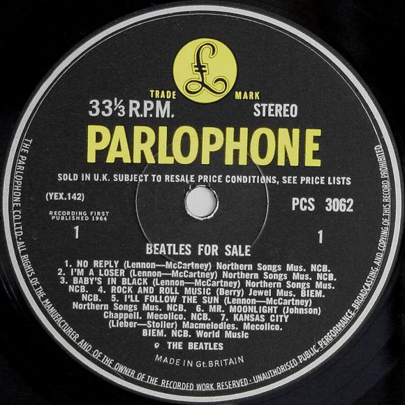 Label for the Beatles For Sale vinyl LP (side 1)