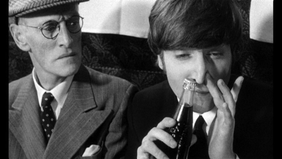 John Lennon, a Pepsi bottle and Wilfrid Brambell in A Hard Day's Night, 1964