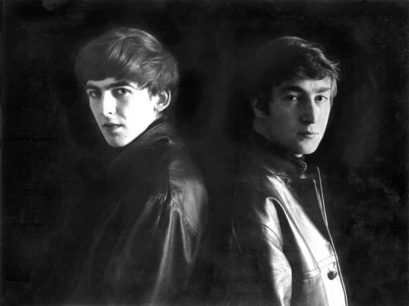 John Lennon and George Harrison in Stuart Sutcliffe's art studio at Astrid Kirchherr's house, 1962