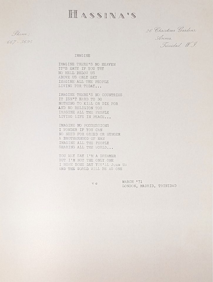 John Lennon's typewritten Imagine lyrics, 1971