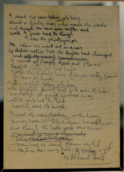 John Lennon's handwritten lyrics for A Day In The Life