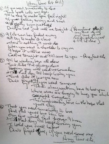 John Lennon’s lyrics for Any Time At All, 1964