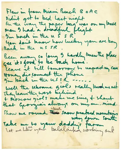 Paul McCartney's handwritten lyrics for Back In The USSR