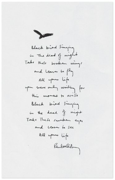 Paul McCartney's handwritten lyrics for Blackbird