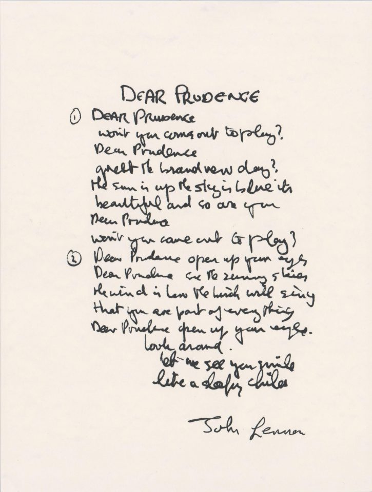 John Lennon's handwritten lyrics for Dear Prudence