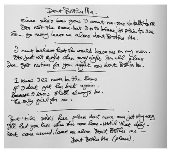 George Harrison's handwritten lyrics for Don't Bother Me