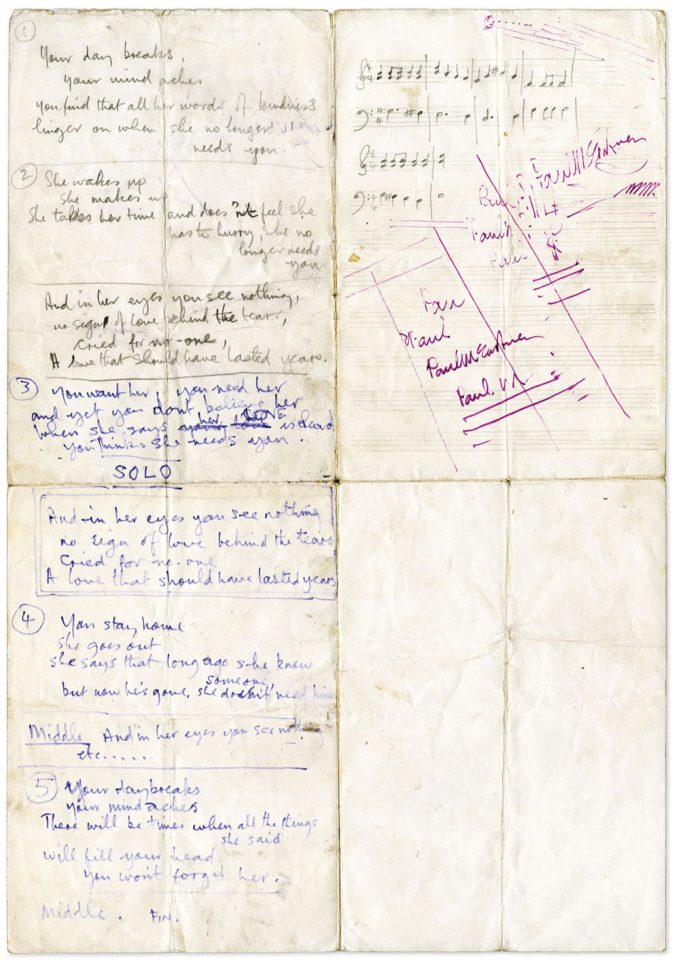 Paul McCartney's handwritten lyrics for For No One