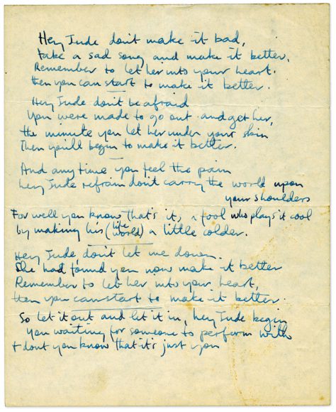 Paul McCartney's handwritten lyrics for Hey Jude