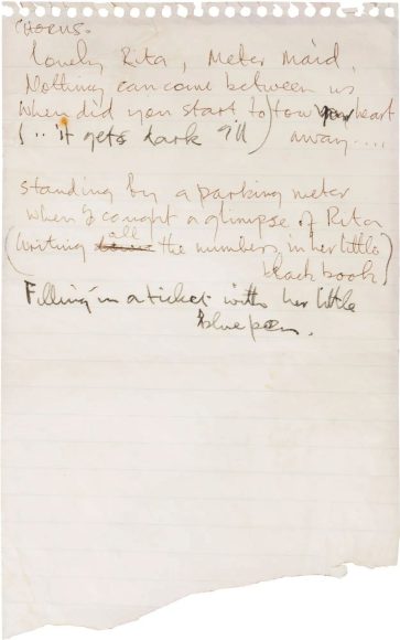 Paul McCartney's handwritten lyrics for Lovely Rita