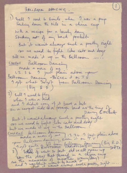 Paul McCartney’s handwritten lyrics for Ballroom Dancing