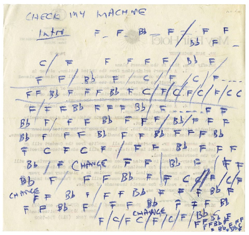 Paul McCartney's handwritten notes for Check My Machine