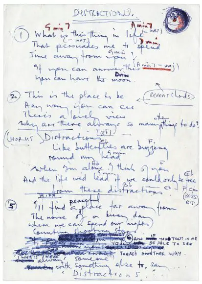 Paul McCartney's handwritten lyrics for Distractions