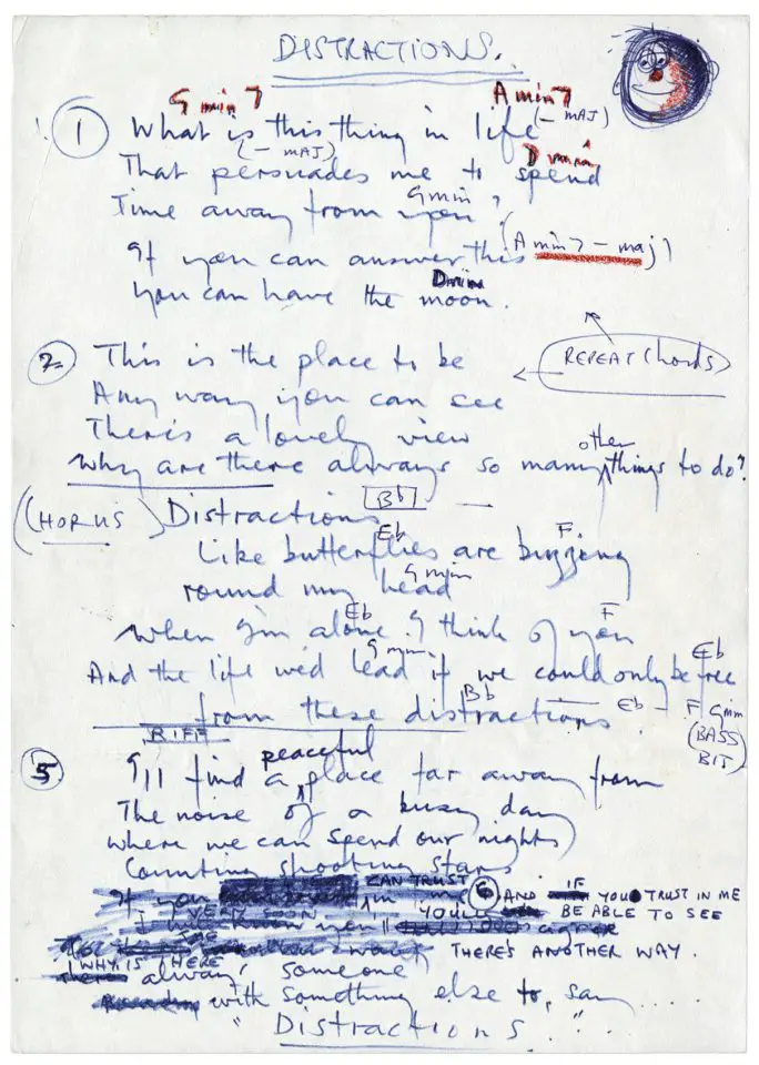 Paul McCartney's handwritten lyrics for Distractions