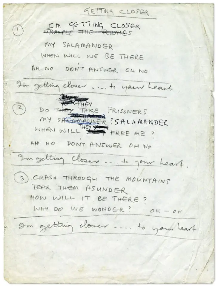 Paul McCartney's handwritten lyrics for Getting Closer