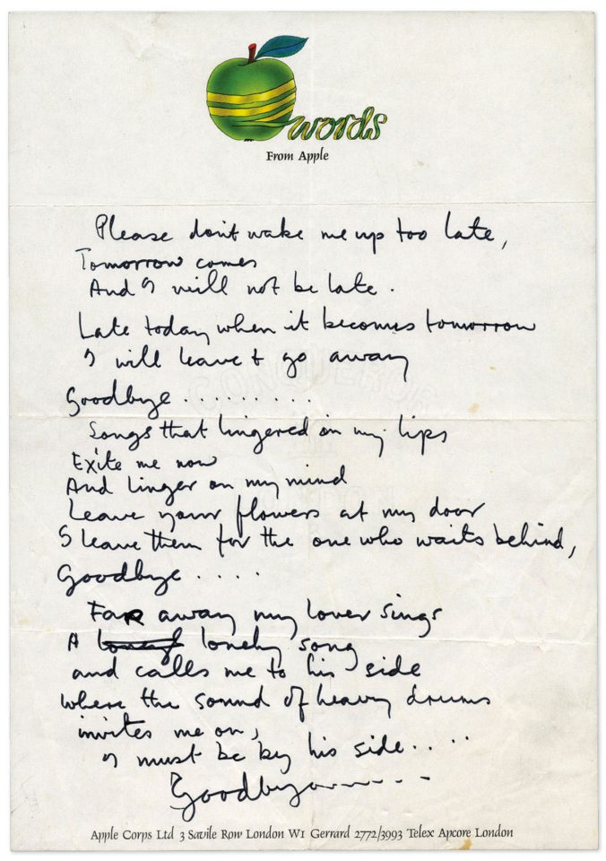 Paul McCartney's handwritten lyrics for Goodbye