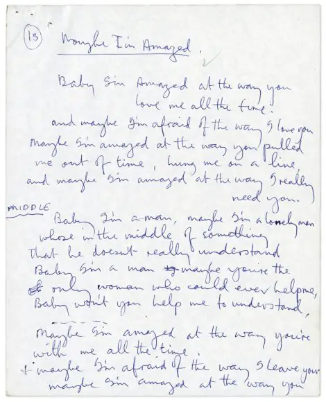 Paul McCartney's handwritten lyrics for Maybe I'm Amazed
