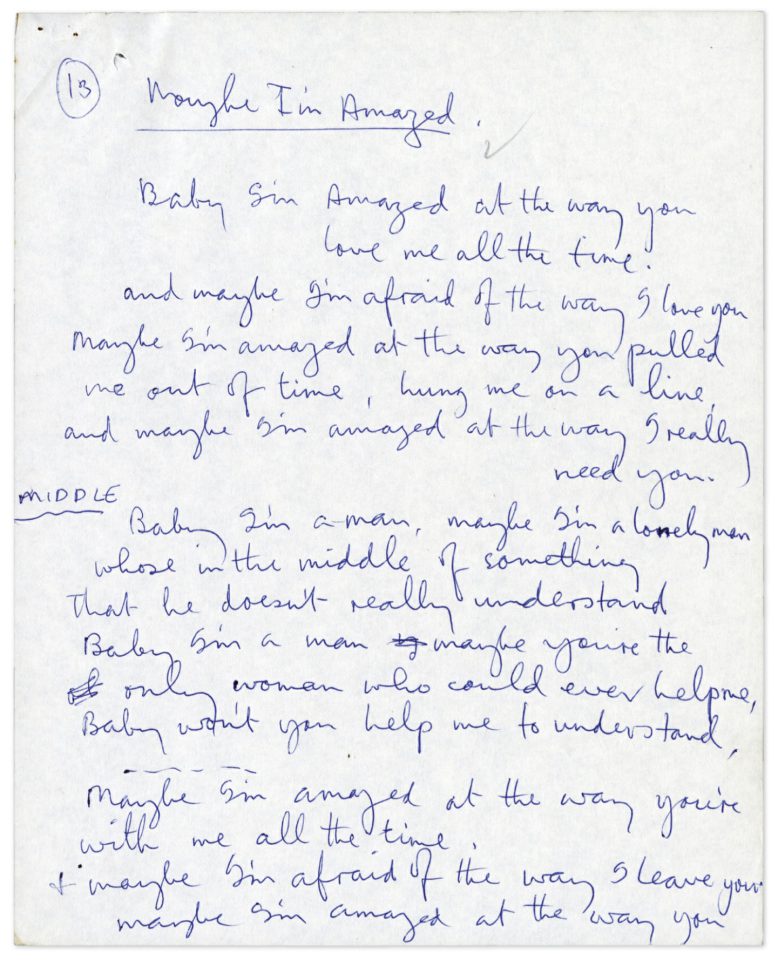 Paul McCartney's handwritten lyrics for Maybe I'm Amazed