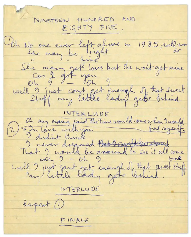 Paul McCartney's handwritten lyrics for Nineteen Hundred And Eighty Five