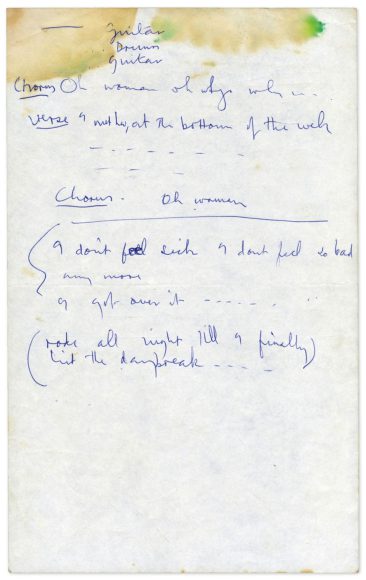 Paul McCartney's handwritten lyrics for Oh Woman, Oh Why