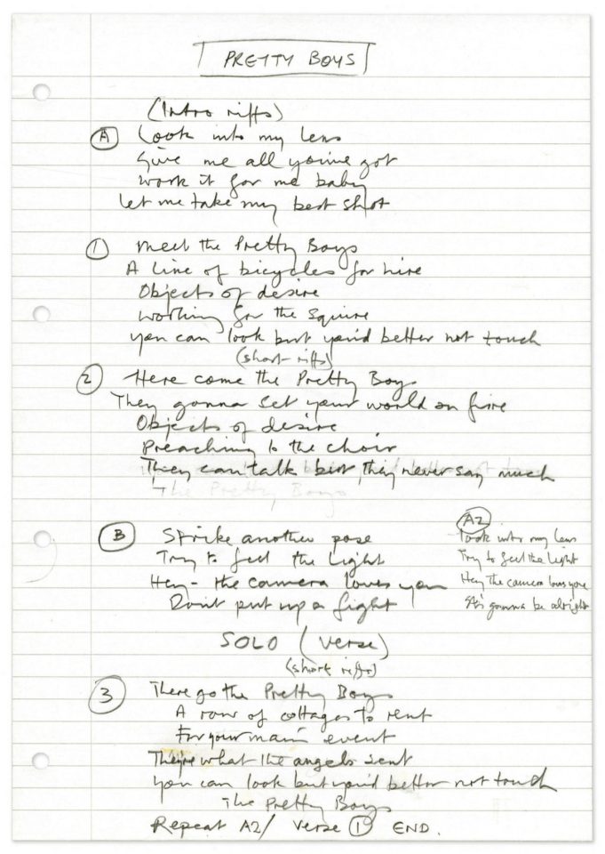 Paul McCartney's handwritten lyrics for Pretty Boys