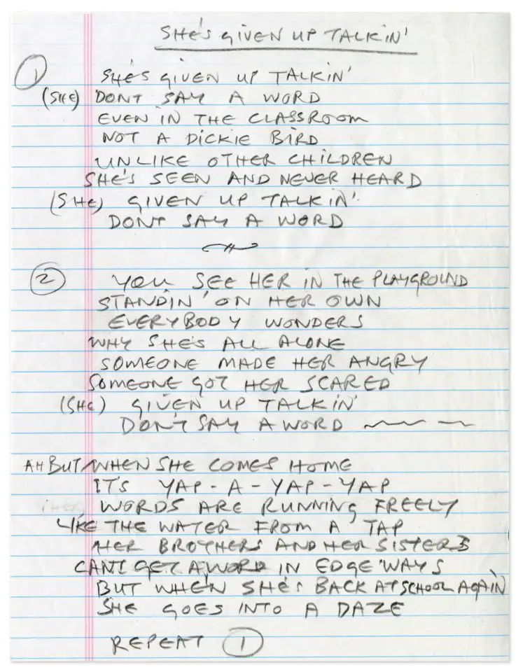 Paul McCartney's handwritten lyrics for She's Given Up Talking
