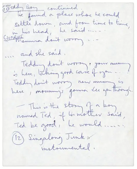 Paul McCartney's handwritten lyrics for Teddy Boy