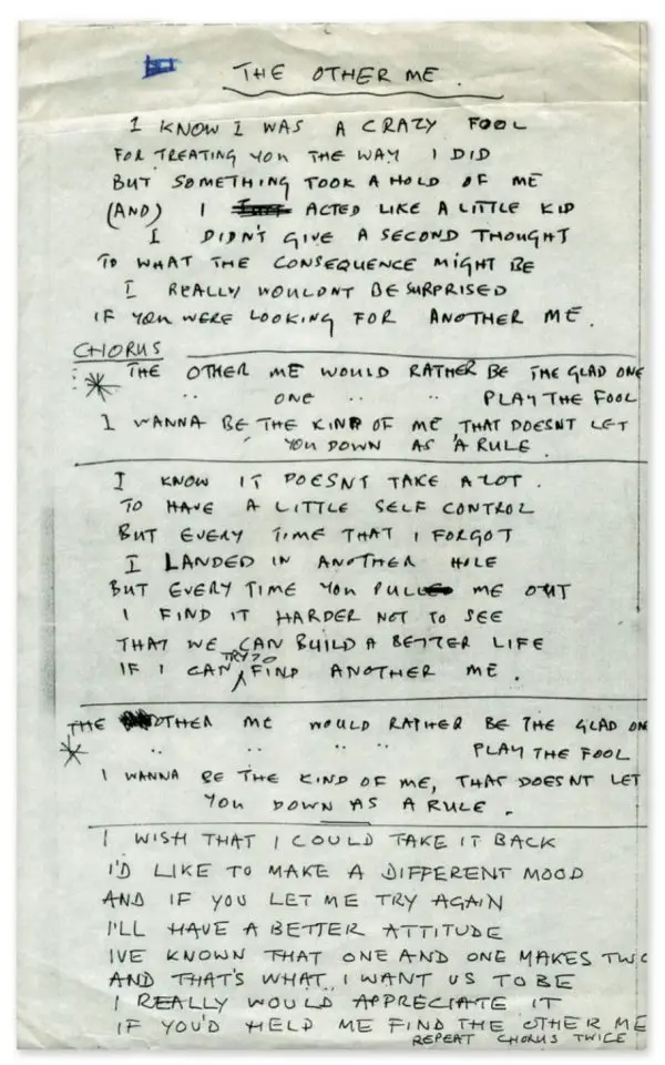 Paul McCartney's handwritten lyrics for The Other Me