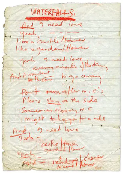 Paul McCartney's handwritten lyrics for Waterfalls