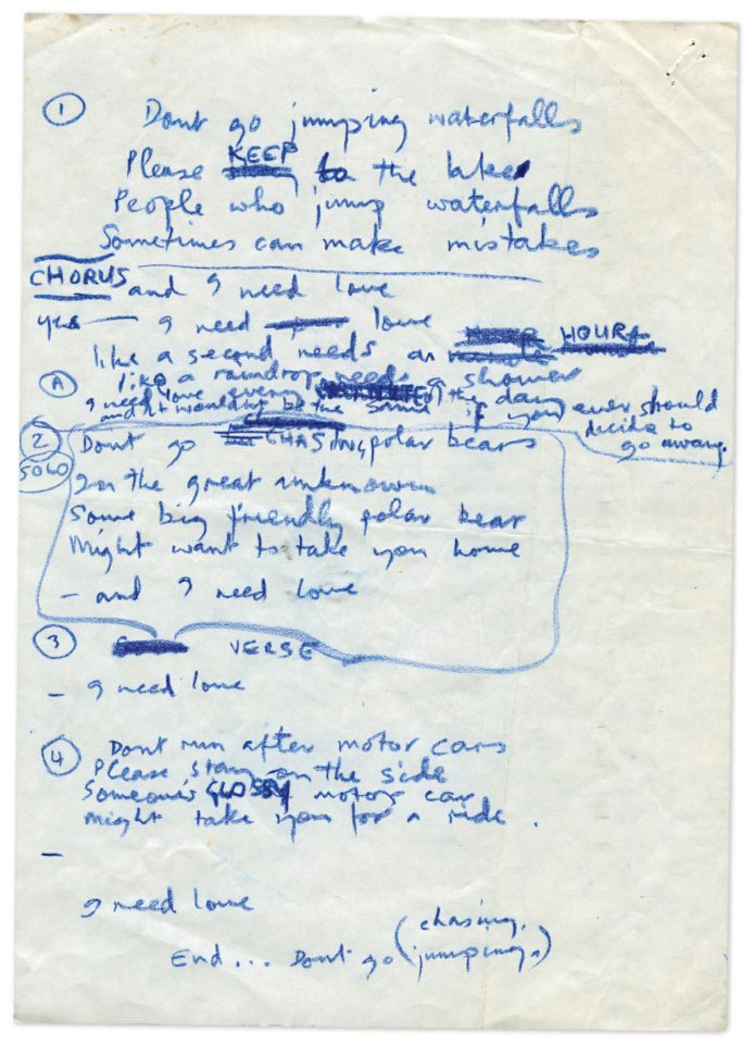 Paul McCartney's handwritten lyrics for Waterfalls