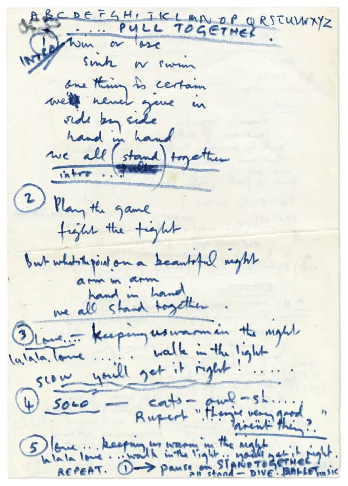 Paul McCartney's handwritten lyrics for We All Stand Together
