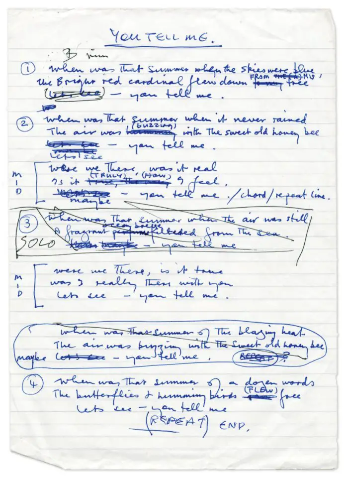 Paul McCartney's handwritten lyrics for You Tell Me
