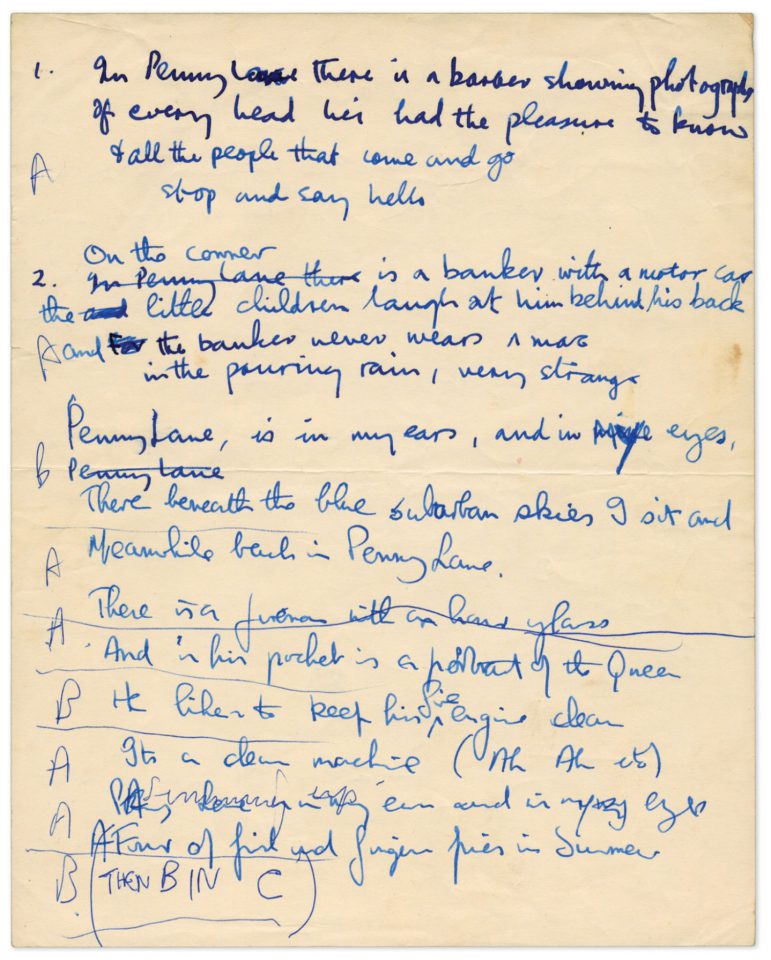 Paul McCartney's handwritten lyrics for Penny Lane