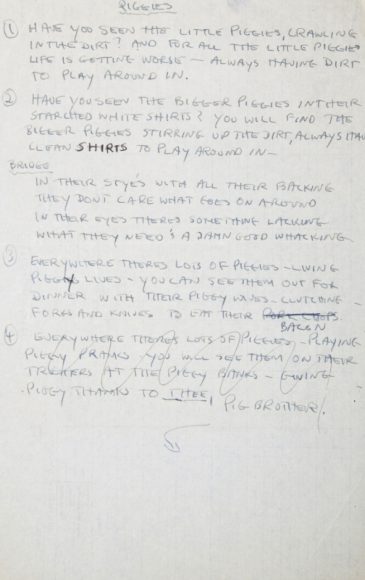 George Harrison's handwritten lyrics for Piggies