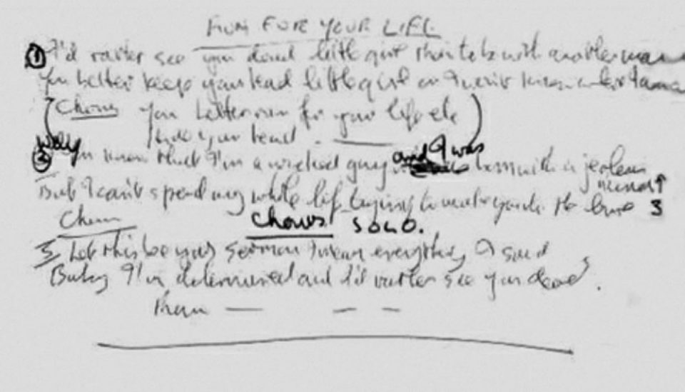 John Lennon's handwritten lyrics for Run For Your Life