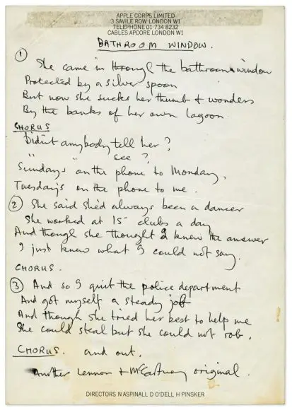 Paul McCartney's handwritten lyrics for She Came In Through The Bathroom Window
