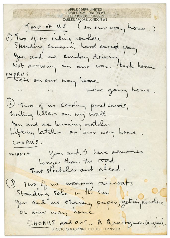 Paul McCartney's handwritten lyrics for Two Of Us