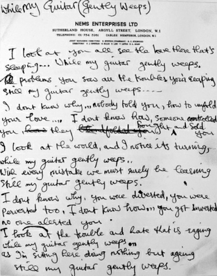 George Harrison's handwritten lyrics for While My Guitar Gently Weeps