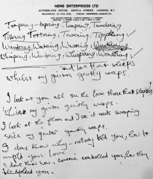 George Harrison's handwritten lyrics for While My Guitar Gently Weeps