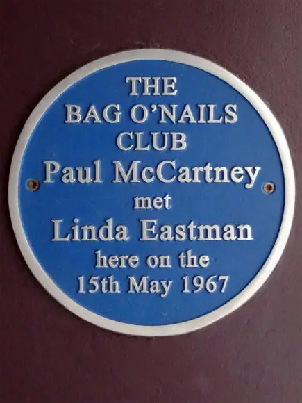 Plaque marking the first meeting of Paul and Linda McCartney at the Bag O'Nails Club, Soho, London